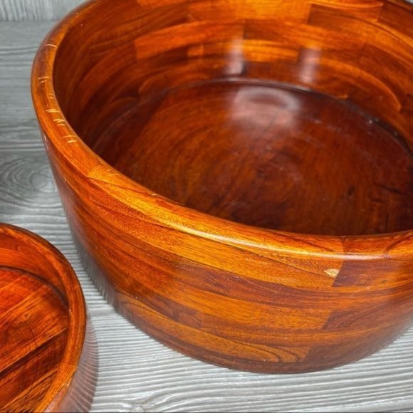 Vintage wooden glossed large salad bowl and 4 serving bowl with fork and spoon - Picture 6 of 8